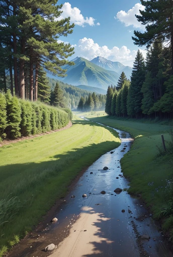 High resolution anime drawings, The green grassland has big trees at the entrance. It is a dirt road with traces of cars passing through it. The middle ridge is covered with grass. There is an old barn in the distance. There is a clear stream running parallel to the path. You can see mountains at the end of the grassland. The sky is clear with scattered white clouds.