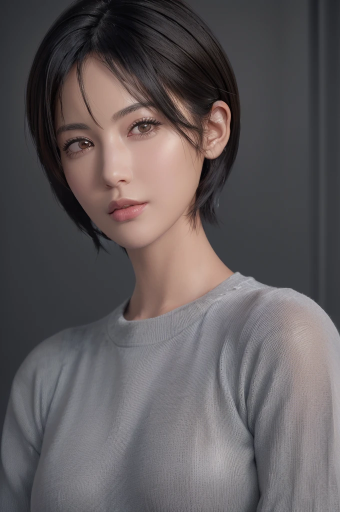 (masterpiece:1.3), (8k, photorealistic, RAW photo, best quality: 1.4), (1girl), beautiful face, (realistic face), (black hair, short hair:1.3), beautiful hairstyle, realistic eyes, beautiful detailed eyes, (realistic skin), beautiful skin, (sweater), absurdres, attractive, ultra high res, ultra realistic, highly detailed, golden ratio