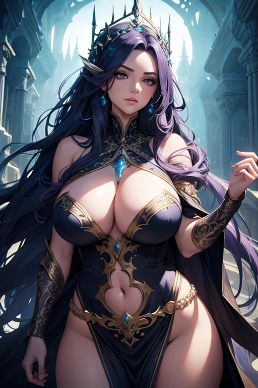 gorgeous curvy sorceress, intricate detailed fantasy character, beautiful detailed eyes, beautiful detailed lips, extremely detailed face and portrait, long flowing hair, dramatic mystical pose, ornate flowing robes, glowing magical aura, dramatic lighting, cinematic composition, epic fantasy landscape, mist and fog, glowing magical effects, digital art, concept art, highly detailed, 8k, photorealistic, hyper detailed