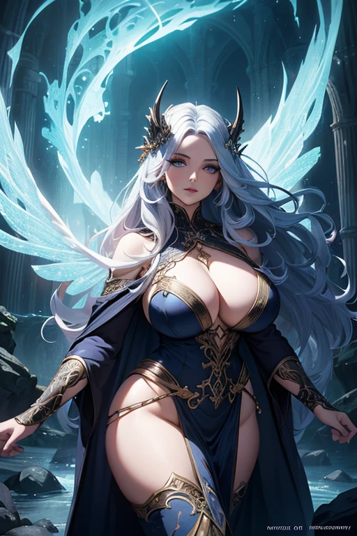 gorgeous curvy sorceress, intricate detailed fantasy character, beautiful detailed eyes, beautiful detailed lips, extremely detailed face and portrait, long flowing hair, dramatic mystical pose, ornate flowing robes, glowing magical aura, dramatic lighting, cinematic composition, epic fantasy landscape, mist and fog, glowing magical effects, digital art, concept art, highly detailed, 8k, photorealistic, hyper detailed