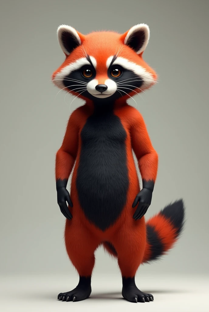 Red raccoon with black chest and humanoid figure, thin and raccoon face