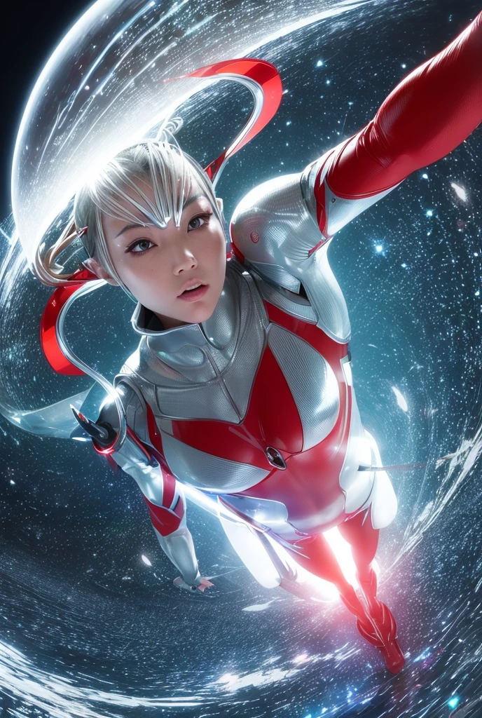 From within the vortex of light、Enter with your fist raised、A female alien with a silver body and red lines、Female Ultraman、The body is transparent