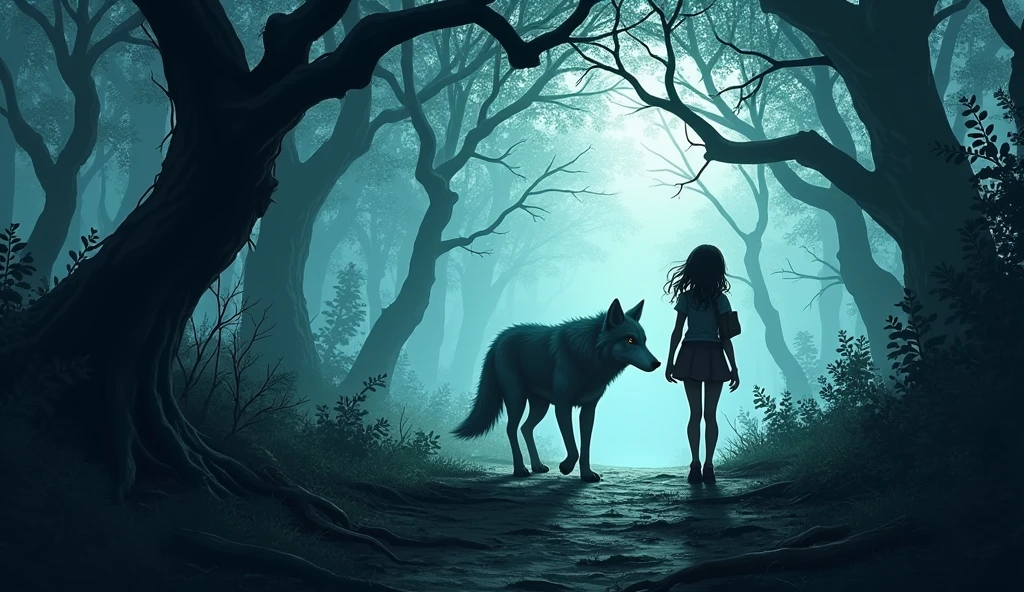 An adventurous scene of a young girl and a wolf navigating through a thorny path in a mysterious forest. The surroundings are filled with twisted trees, challenging obstacles, and a sense of intrigue and determination.