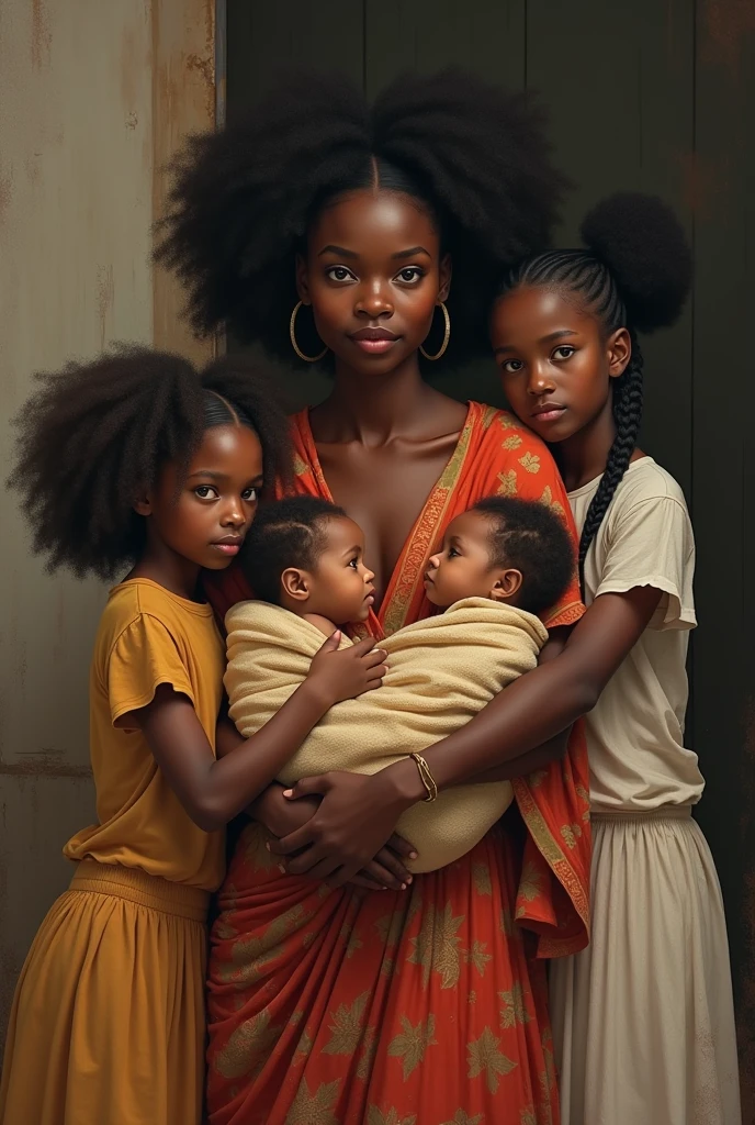 Peux tu crée dans un style peinture, une mère afro de dos qui tient dans ses bras deux bébés métisses. A côté d'elle il y'a 2 enfants filles métisse d'âge moyen. Tous de dos stp