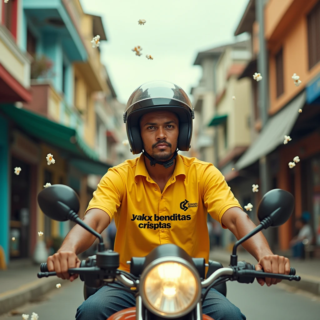 A cinematic medium shot of a 2 motorcycle delivery person riding a YAKX DT150D motorcycle. He wears a yellow shirt with the slogan "YAKX BENDITAS CRISPTAS". He looks confidently at the camera and wears a helmet. The background is the city Itagui Colombia with popcorn, creating a vibrant and energetic atmosphere.