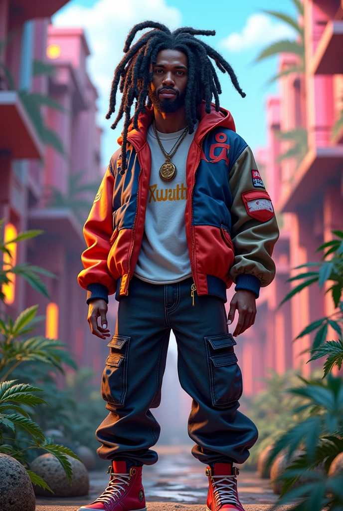 design a 3d quantum personified character. this character thick dreadlocks and dressed like 90s hip hop. setting exotic environment were potent cannabis strains colorfully grow wildly in this majical futuristic world. this character is trained in the art of sound warfare where he can turn vibration into energy blast and use frequencies to tear through the fabric of space.