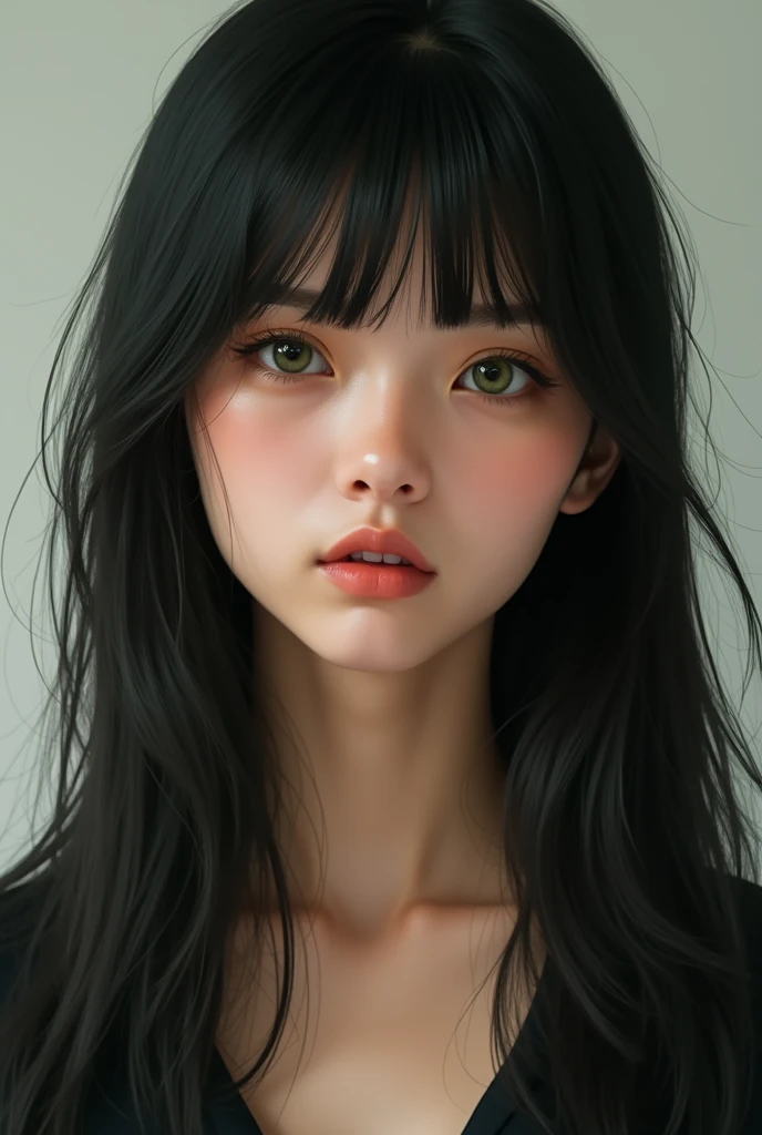 Woman with straight black hair and bangs. Ful body, Round face, greeneyes, European traits 