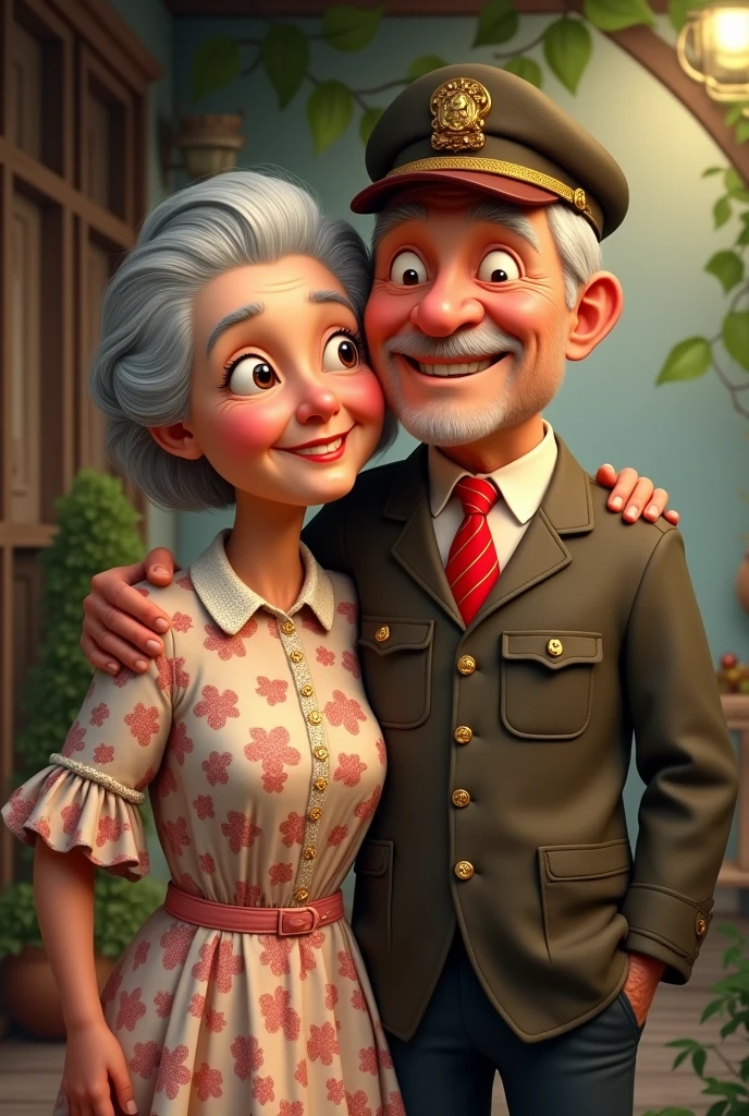 Grandma in a dress and Grandpa in a driver's outfit with a red tie