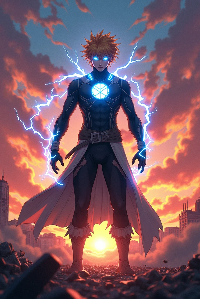 Flying Evil Ichigo in homelander  suit with eyes with blue electric power with bleach hair and destroying people in sunsets 