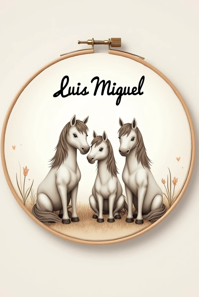 Embroidery pattern for a round hoop for a baby boy's room: drawing of three seated horses and the name Luis Miguel on top