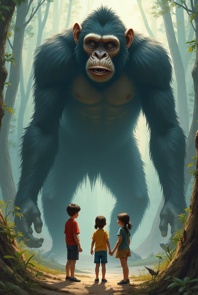 Three children in front of a giant monkey showing their fears