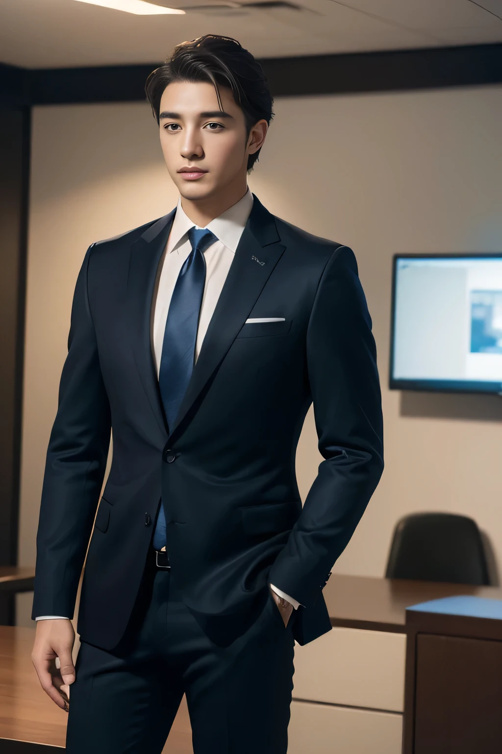 (((masterpiece、high resolution、high quality、Delicate、Ultra-high resolution、8k)))1 male、Short Hair、business suit、Black suit、Blue tie、office