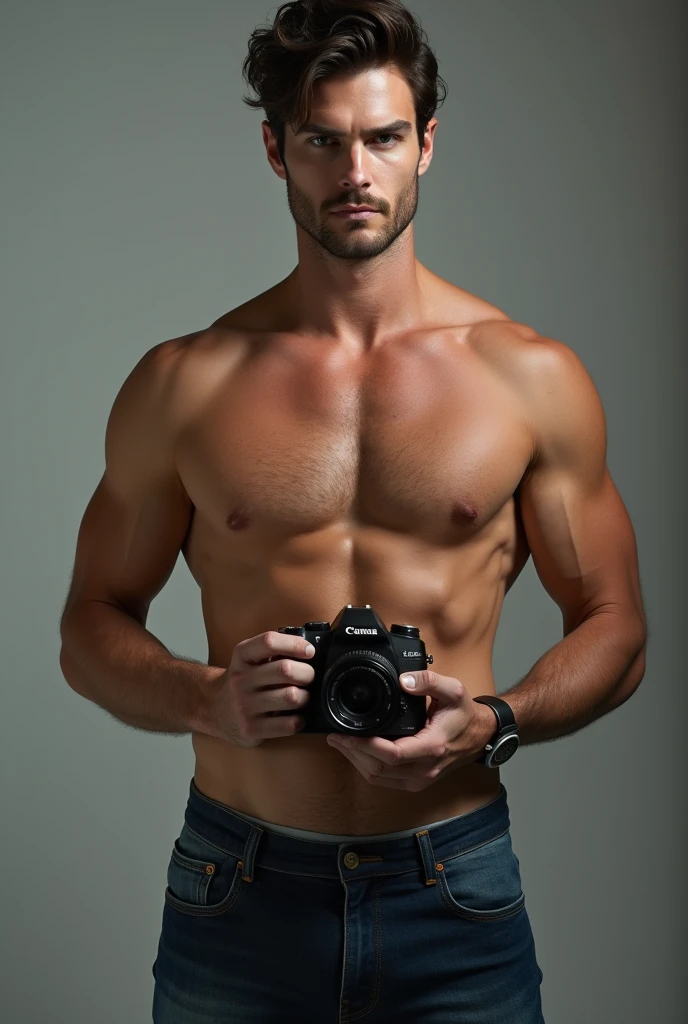 Tall man, Caucasian skin, asymmetrical face, impressive features with the characteristics of actor Nick Bateman, standing shirtless wearing open jeans showing his pubic hair, with a professional camera in your hands