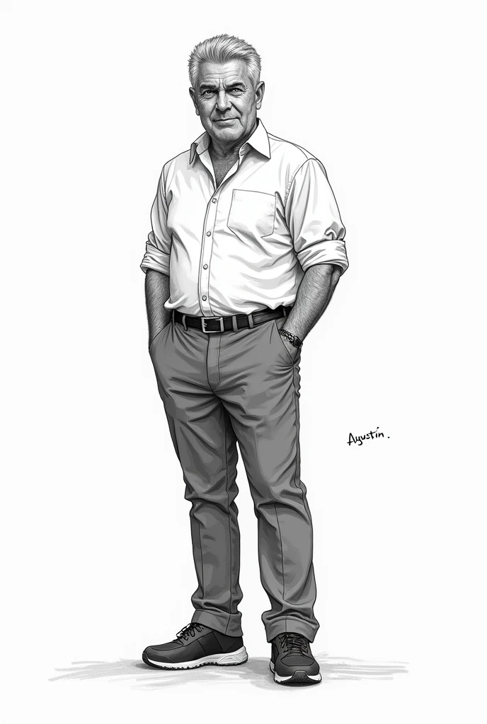 black and white drawing, American style: man, AGE: 4 Appearance: Agustín es un man de complexión media, exercised, handsome, with gray hair and a well-groomed beard. He usually dresses casually but professionally., with button-down shirts and casual pants. He has a calm presence and an air of confidence that can sometimes seem intimidating.. Personality: He is meticulous and cautious, with a strong professional ethic. He has a keen sense of justice and a deep understanding of information networks and manipulation.. Despite his ability to remain anonymous on forums, His public life is of interest on social networks. Their partners and friends are “famous” or moderately famous.. Exercise regularly. Similar to Benjamin Vicuña