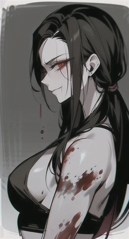Girl with black hair tied in a ponytail having ??? in semi-naked black lingerie with lace eyes, one black and one red with an excited expression