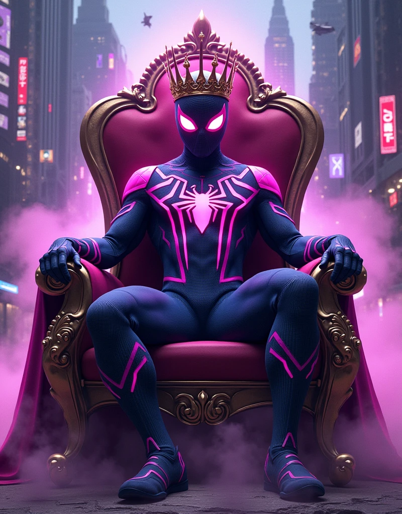 Spider man sitting on a throne with a crown on his head and smoking futuristic purple suit cyberpunk neon city