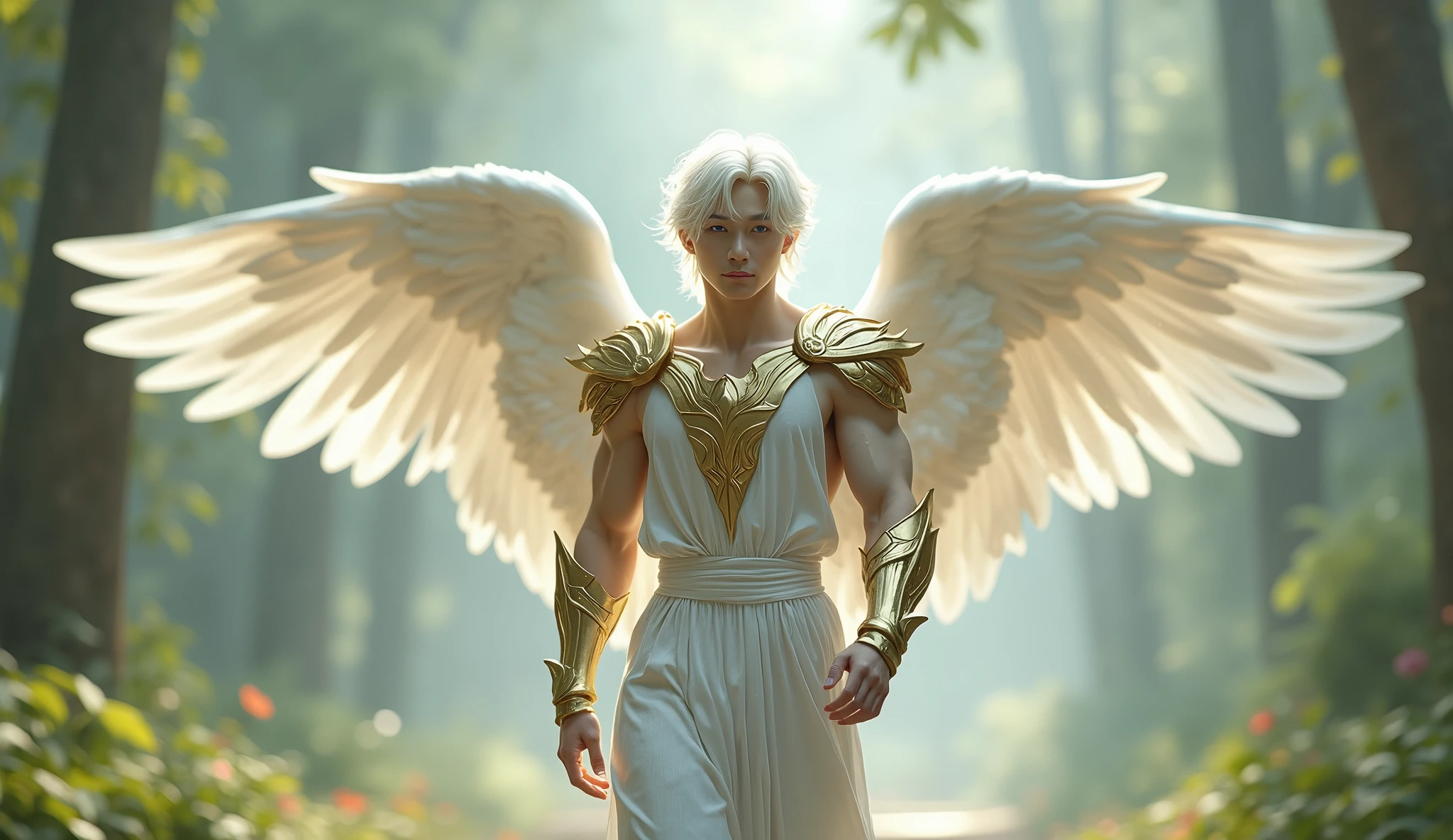 A gentle, white-winged male Asian feature albino angel (simple design) - Soft colors, with a subtle glow, white wavy 12" hair, white skin, purpled color eyes, most beautiful handsome male angel, white and gold large wings, built-in gold armor on chest and arms, large muscular biceps, chiseled ads, define jawline, pearl white lower garment, 32K UHD, masterpiece, best quality, style raw, walking through an enchanted garden of Eden. - Ethereal background, with a subtle texture