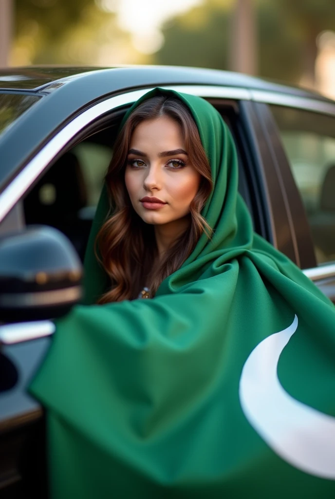 Pakistani Muslim girl rich in car with Pakistani flag