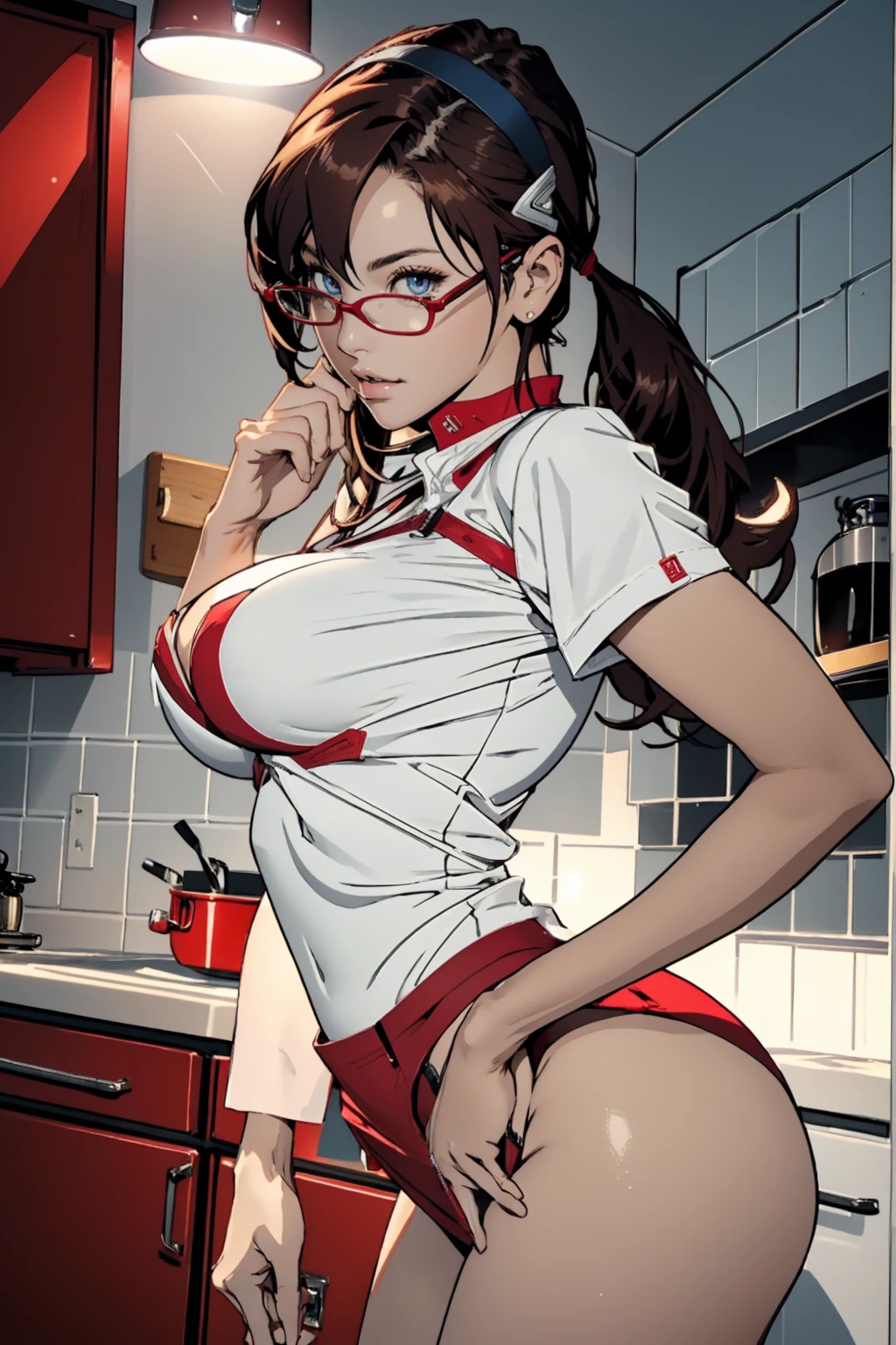 Perfect CG8K, UHD Quality Resolution Wallpapers, Realistic, The most beautiful and sexy uniforms, makinami, Red frame glasses,Wearing a sexy and seductive uniform, White panties,((Big Breasts:1.4)),(Saggy breasts:1.3), Cinema Lighting, Vivid moonlight eyes, Long and fine eyelashes, White skin,  Cleavage, Nice big ass, POV camera view from below, Bend your body, sexy slut seductive pose, Looking back at the audience, In her kitchen, Highest quality, Highest Resolution,masturbation, all fours, from behind, from below, focus on panties, focus on panties, hand on pussy,,