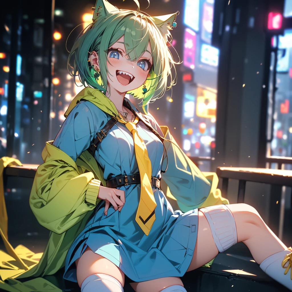(8k, RAW Photo, Top Quality, Refined Details, Masterpiece: 1.2), (High Resolution 8k Wallpaper), Sharp Focus, Professional Lighting, Depth of Field, Cinematic Lighting, Background Blur, (1Girl,(small breasts), smile, whole body, thin tail, (white knee-high socks: 1.4), (green hair: 1.2), (blue dress: 1.4), (yellow tie: 1.4), (boots: 1.2), (White sleeves: 1.2), animal ears, short hair, earrings, cat ears, blue eyes),