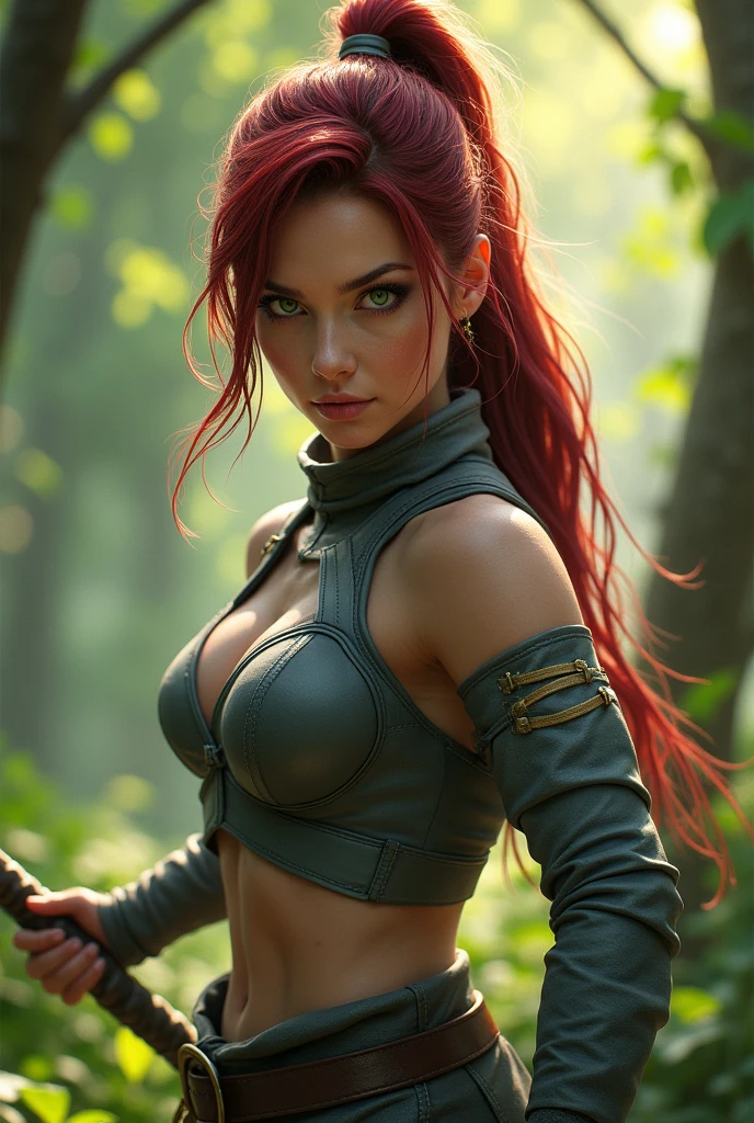 Woman with dark red hair, green eyes with yellow, wearing gray fighting gear, in fighting stance in a forest