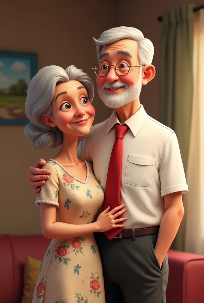 Grandma in a dress and Grandpa in a driver&#39;s shirt with a red tie 

