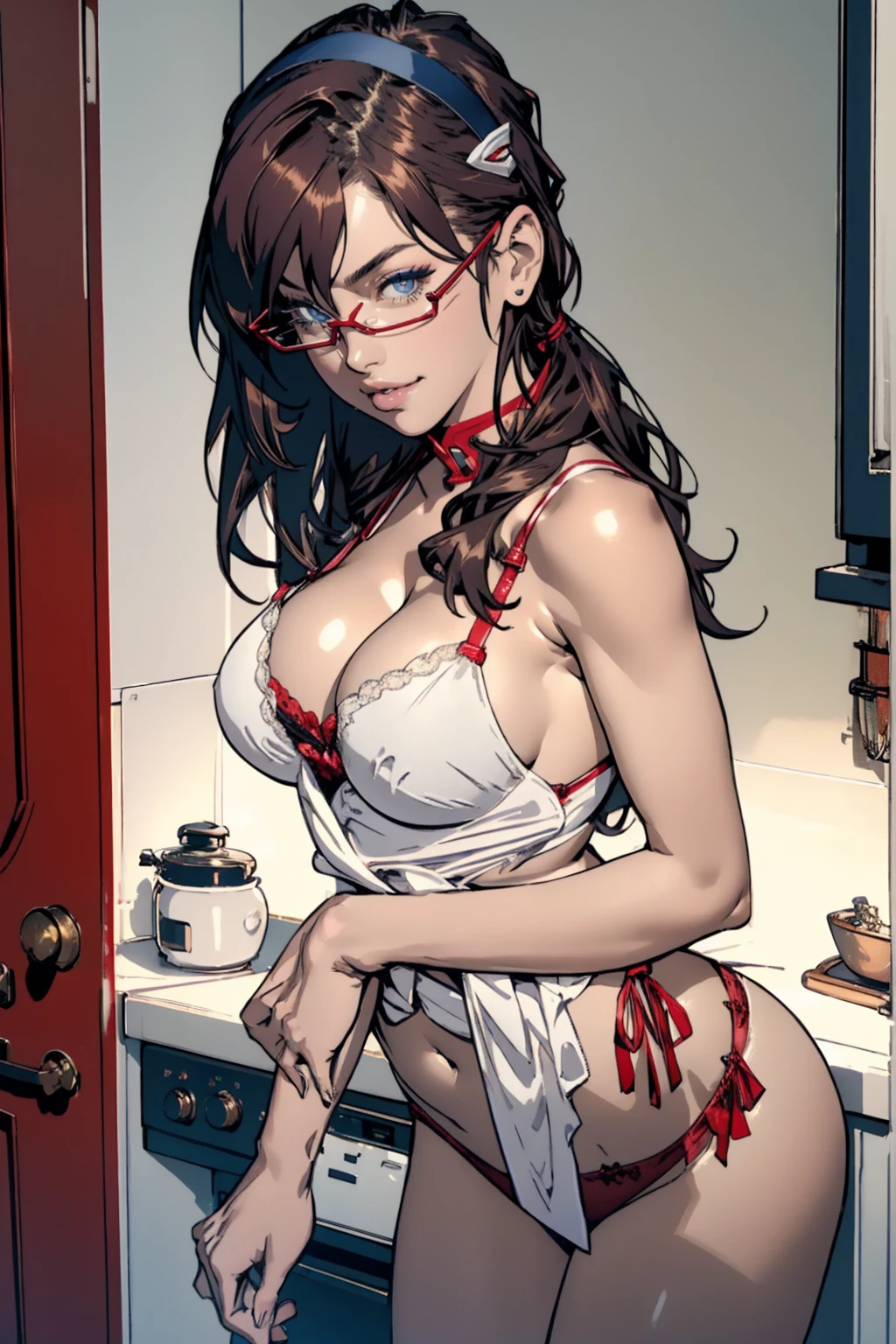 Perfect CG8K, UHD Quality Resolution Wallpapers, Realistic, The most beautiful and sexy uniforms, makinami, Red frame glasses,Wearing a sexy and seductive maid outfit, White panties,((Big Breasts:1.4)),(Saggy breasts:1.3), Cinema Lighting, Vivid moonlight eyes, Long and fine eyelashes, White skin, Cleavage, Nice big ass, POV camera view from below, Bend your body, sexy slut seductive pose, Looking back at the audience, In her kitchen, Highest quality, Highest Resolution,masturbation, all fours, from behind, from below, focus on panties, focus on panties, hand on pussy,,