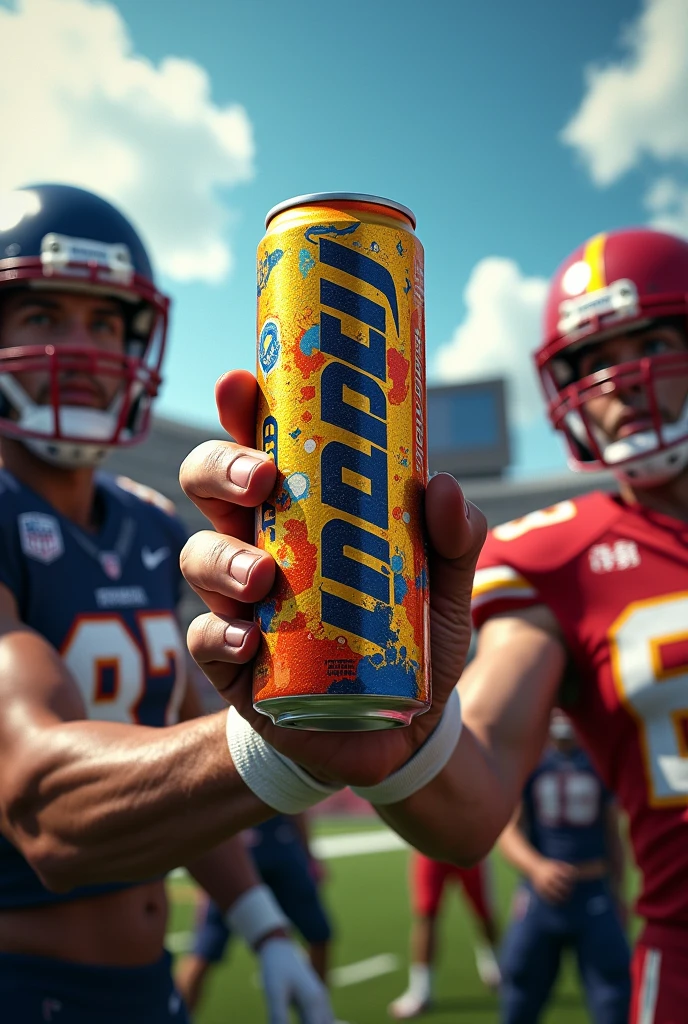 Create football players holding a can of energy drink with the name Enerzen containing the colors gold, orange, blue and black 