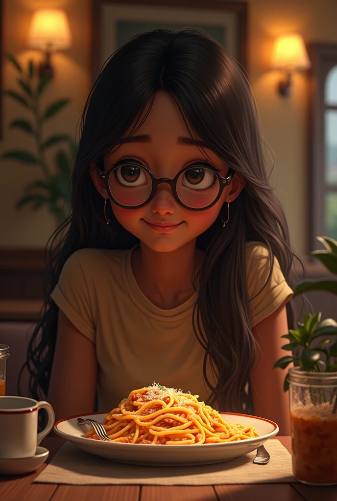 A dark-skinned girl with glasses and long brown straight hair eating pasta