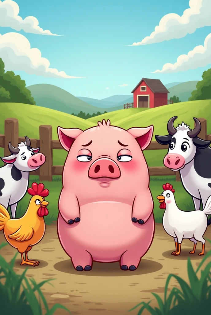 a sad shy pink pig around happy chickens,cows ,goats as cartoons