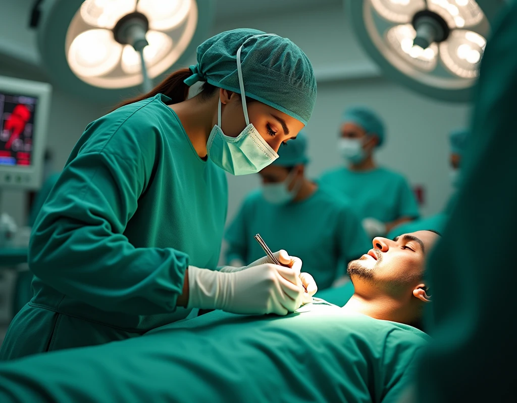 Aishwarya Rai wearing scrubs, wearing mask and skull cap, wearing glasses, performing heart surgery on male patient, in operation theatre, holding scalpel, fullbody view,