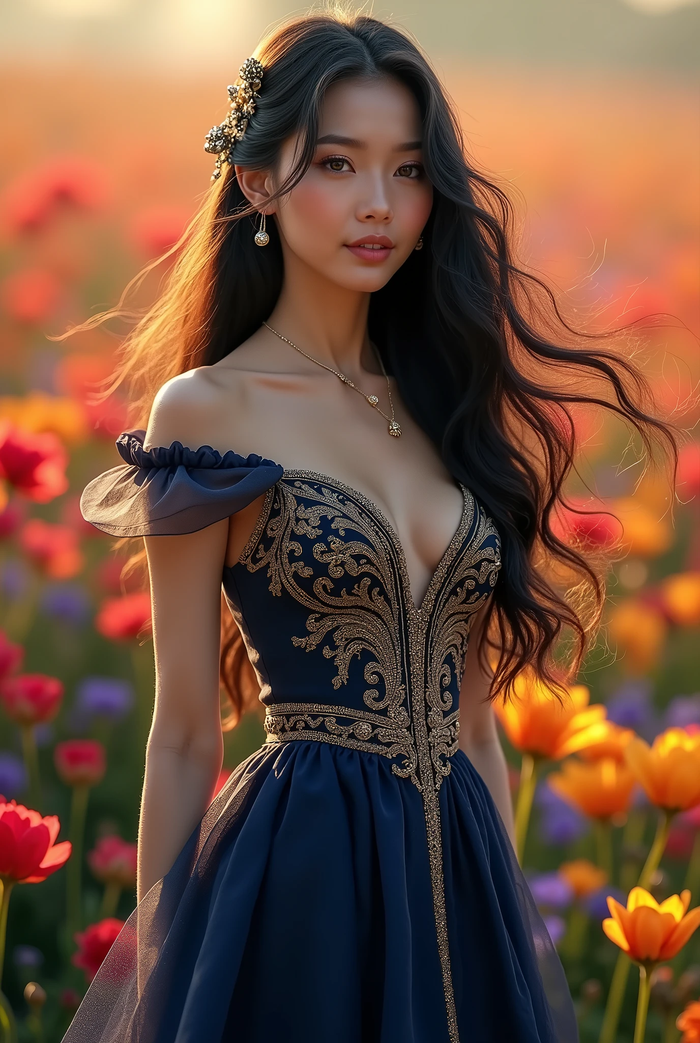 A beautiful and graceful woman with large, round eyes like a full moon, her long black hair flowing gently in the wind. She wears a long, dark blue dress with shimmering gold embroidery, a classic and elegant cut with modern touches like a high slit or transparent sleeves. The dramatic light of the late afternoon sun illuminates her face from the side, creating long shadows and highlighting the beauty of her cheekbones, making her eyes sparkle like gems. The background is a blurred, beautiful flower garden, with colors like red, yellow, and purple blending together to create a stunning harmony. A mysterious, subtle smile plays on her lips. She stands tall and graceful, her gaze fixed on the distance. Add small details like antique jewelry or a unique hair accessory to enhance the classic and elegant impression.