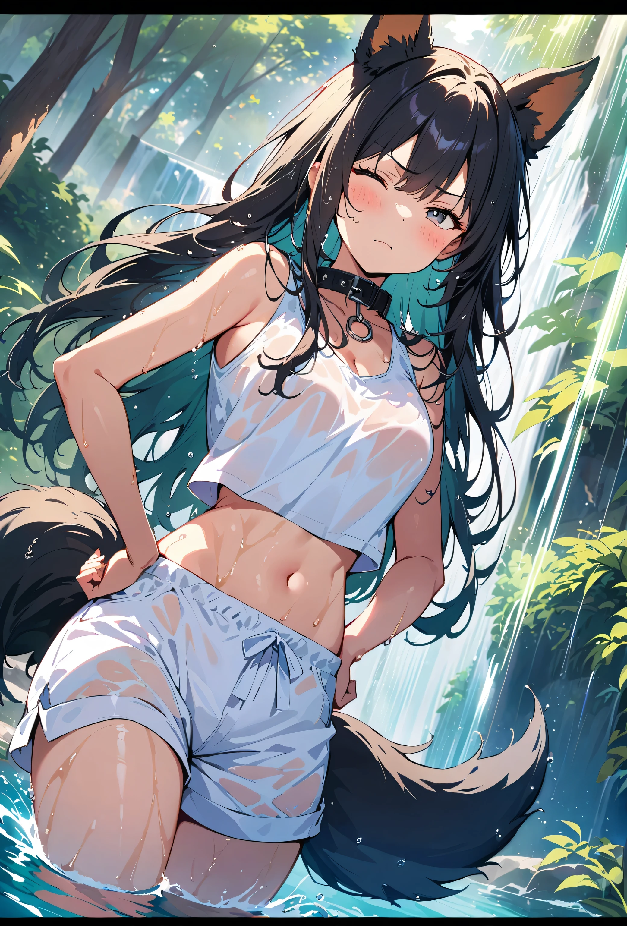 cute dog girl, nsfw, (((showering in a waterfall))), (((big oversized white shorts))), ((((white sleeveless crop top)))) (stubborn angry expression, blushing, mouth closed), ((hands on hips)), ((eyes closed)), ((grey eyes)), (((focal point))), ((close-up full body shot)), ((dynamic angle)), ((((long hair)))), (black hair, wet and shiny), (((dripping wet body))), (dog ears), (dog tail), (black dog collar), ((detailed water droplets, sunlight filtering through trees)), ((dynamic and beautiful lighting)), BREAK, masterpiece, UHD, detailed and high quality, serene atmosphere, vibrant colors, flowing water, detailed background, joyful mood, intricate details, natural beauty, perfect hands 