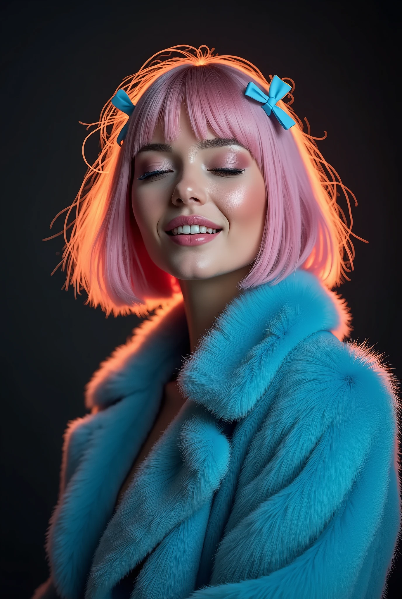 naughty sexy fashion girl, professional, portrait photography, the face looks straight ahead, studio light from above and backlight from behind the head, cute girl (Sharp Focus:1.3), there is a very nice smile on the face, very detailed, beautiful detailed face, pink hair bob hairstyle, there are two small blue bows on her head, eyes closed, as if enjoying the sound, --Detailing, whole body, a lot of femininity, blue fur coat, Tempting, Dazzling, Black background, Backlight, installed behind the model, illuminates the back of the head and creates a frame around the head, highlighting the silhouette of the poser against the background
