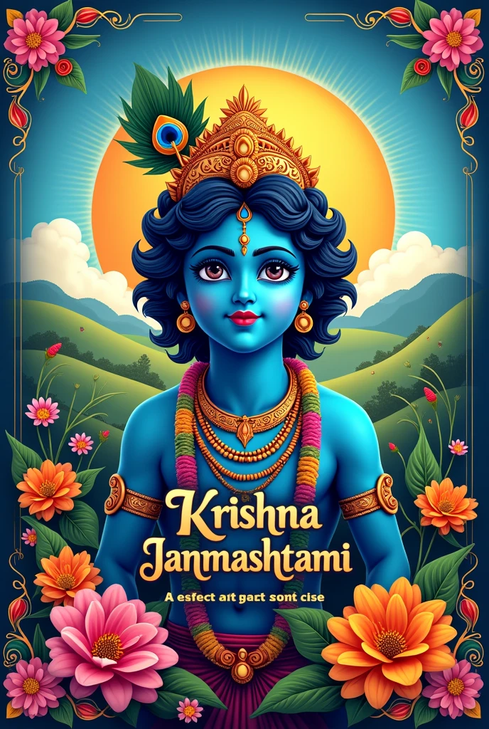 Create a captivating and divine thumbnail for a "Top 10 Krishna Music" video. The image should feature Lord Krishna, depicted with his iconic blue skin, playing the flute. He should be adorned in a yellow dhoti and a crown decorated with peacock feathers, radiating a serene and divine aura. The background should be a lush, tranquil scene of Vrindavan with elements like a flowing river, lotus flowers, and a golden temple dome in the distance. Incorporate musical notes and waves subtly floating around Krishna to symbolize the music. The title "Top 10 Krishna Music" should be boldly displayed in elegant, golden lettering, with a soft glow around the text. The overall color palette should be warm and inviting, with rich golds, blues, and greens to evoke a sense of spirituality and peace.