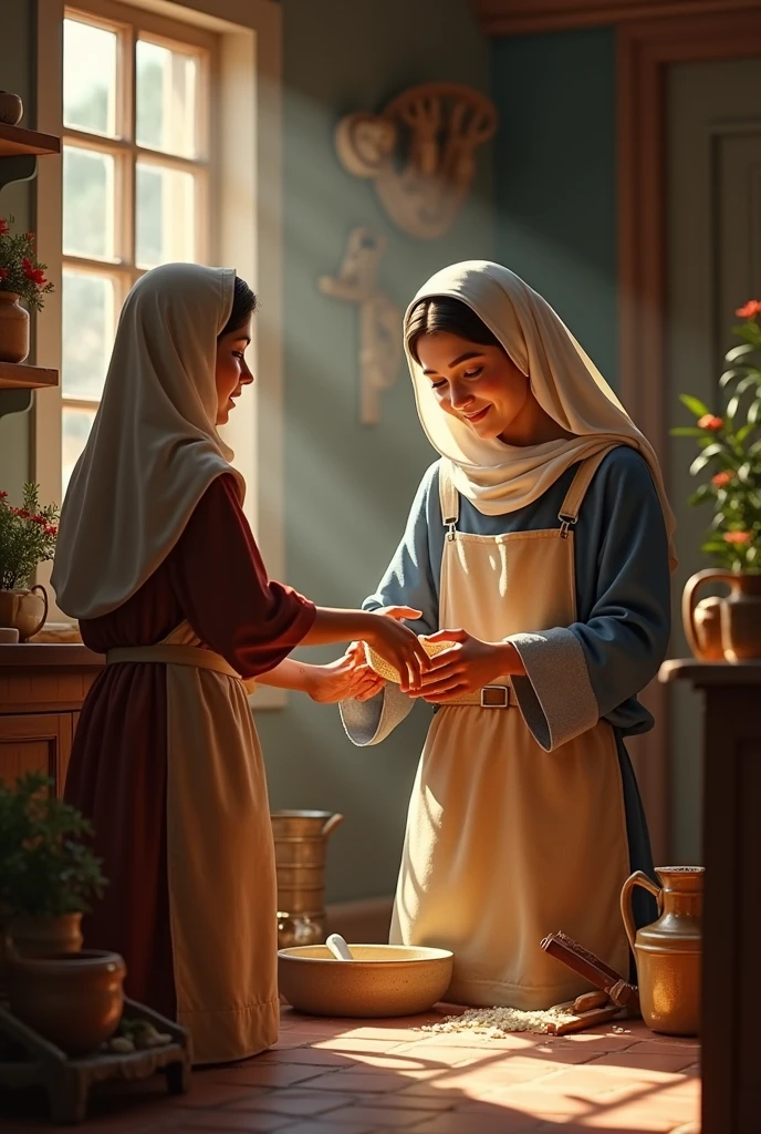 Santa Rosa de Lima helping her mother with household chores. cheered up