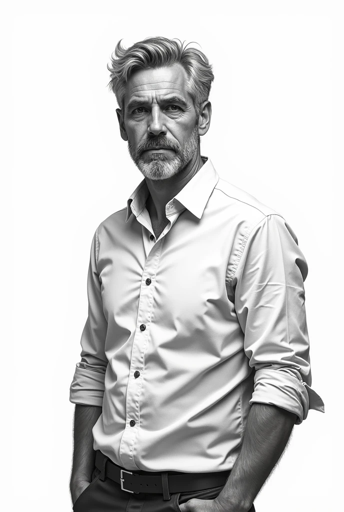 black and white drawing, American style: man, AGE: 4 Appearance: Agustín es un man de complexión media, exercised, handsome, with gray hair and a well-groomed beard. He usually dresses casually but professionally., with button-down shirts and casual pants. He has a calm presence and an air of confidence that can sometimes seem intimidating.. Personality: He is meticulous and cautious, with a strong professional ethic. He has a keen sense of justice and a deep understanding of information networks and manipulation.. Despite his ability to remain anonymous on forums, His public life is of interest on social networks. Their partners and friends are “famous” or moderately famous.. Exercise regularly. Similar to Benjamin Vicuña