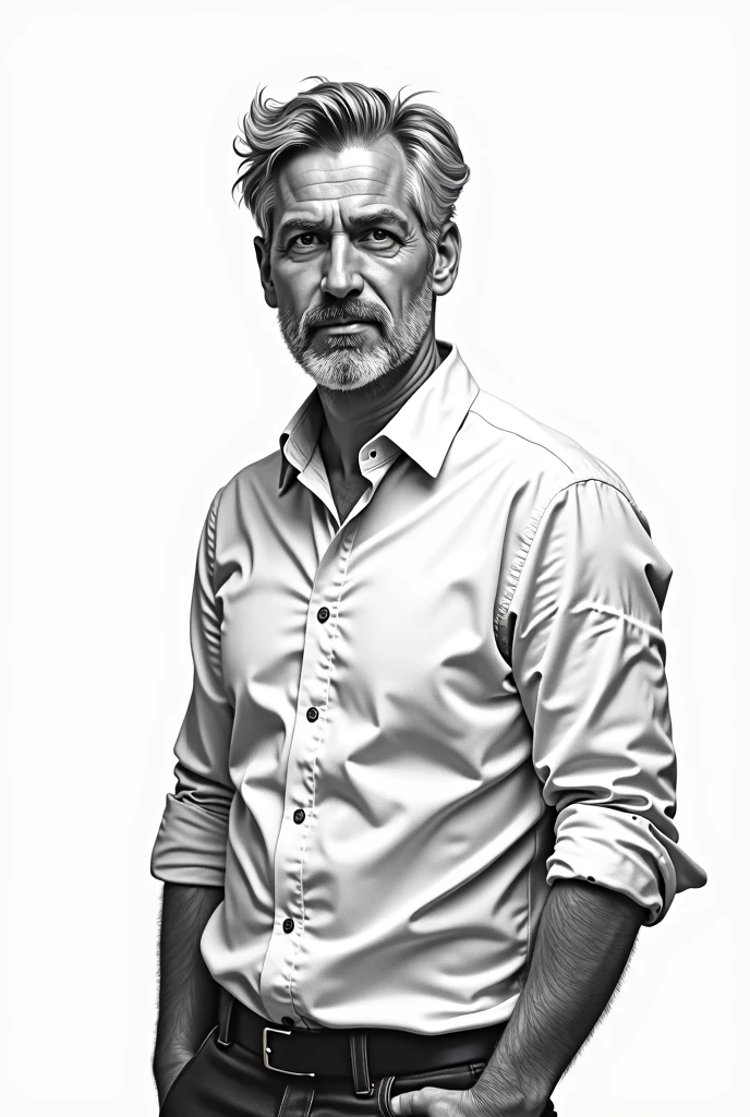 black and white drawing, American style: man, AGE: 4 Appearance: Agustín es un man de complexión media, exercised, handsome, with gray hair and a well-groomed beard. He usually dresses casually but professionally., with button-down shirts and casual pants. He has a calm presence and an air of confidence that can sometimes seem intimidating.. Personality: He is meticulous and cautious, with a strong professional ethic. He has a keen sense of justice and a deep understanding of information networks and manipulation.. Despite his ability to remain anonymous on forums, His public life is of interest on social networks. Their partners and friends are “famous” or moderately famous.. Exercise regularly. Similar to Benjamin Vicuña