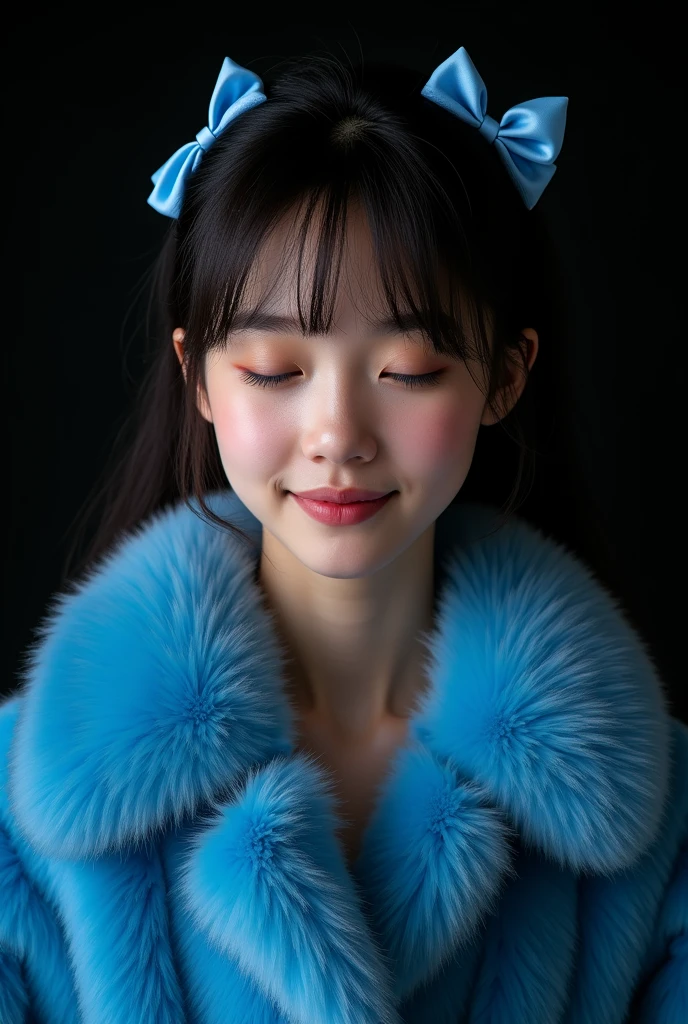 naughty sexy fashion girl, professional, portrait photography, the face looks straight ahead, studio light from above and backlight from behind the head, cute girl (Sharp Focus:1.3), there is a very nice smile on the face, very detailed, beautiful detailed face, dark hairstyle, there are two small blue bows on her head, eyes closed, as if enjoying the sound, --Detailing, whole body, a lot of femininity, blue fur coat, Tempting, Dazzling, Black background, Backlight, installed behind the model, illuminates the back of the head and creates a frame around the head, highlighting the silhouette of the poser against the background

