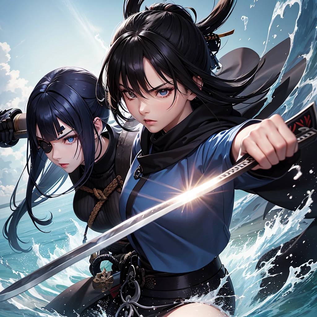 A 20-year-old woman,defined body,Samurai,eyes black,long dark blue hair,brunette skin,left eye patch,roupas Samurais longas,blue and black cloak,segurando uma espada Samurai,water powers 