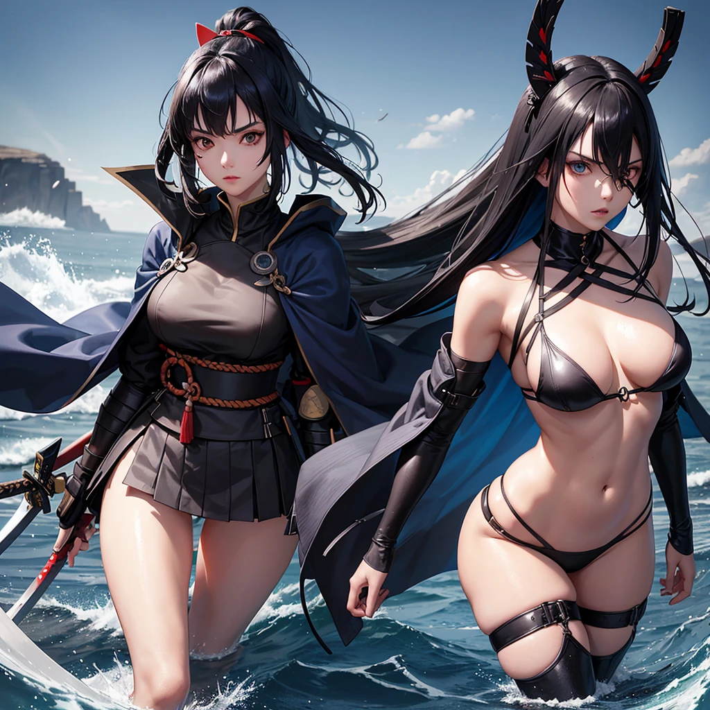 A 20-year-old woman,defined body,Samurai,eyes black,long dark blue hair,brunette skin,left eye patch,roupas Samurais longas,blue and black cloak,segurando uma espada Samurai,water powers 