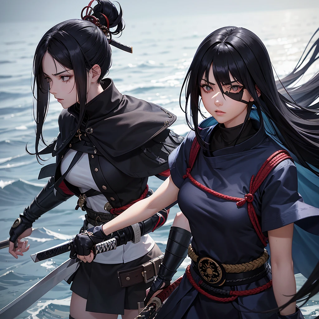 A 20-year-old woman,defined body,Samurai,eyes black,long dark blue hair,brunette skin,left eye patch,roupas Samurais longas,blue and black cloak,segurando uma espada Samurai,water powers