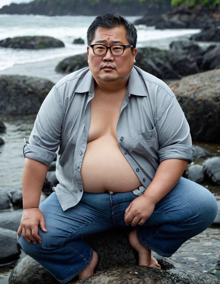 Man, Asian, 50 years old, Fat, Chubby, wearing glasses, wearing an unbuttoned shirt, light grey shirt, Shirtless, wear jeans, sitting on rocks, beach, Wet, Raining, sharp image, looking sad, Top view.