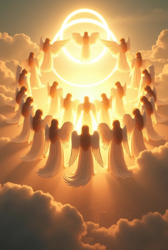 (masterpiece,top quality,high quality)), ((8K wallpaper unified with high definition CG)), (((Thirteen angels appear in the pre-dawn sky))), beautiful blond hair and thin robes fluttering, (Circle of Angels, angel halo), (rings of light above their heads, large wings of light on their backs:1.3), each of them holding a weapon in her hand and looking down on the city from above, view from below,