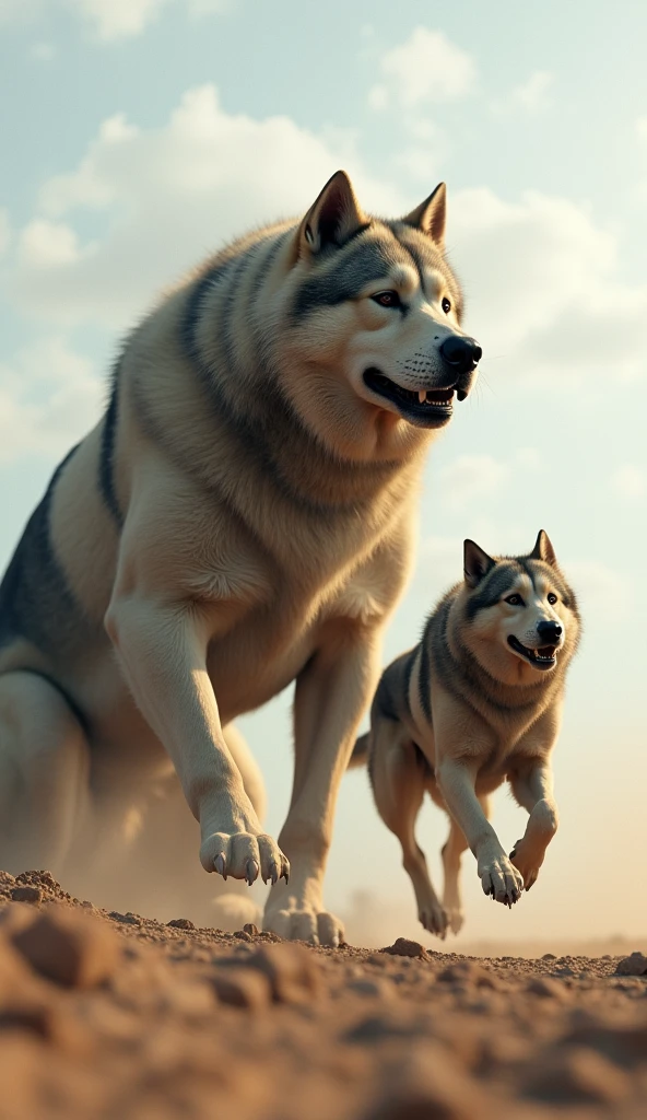 One big dog sat down, the other big dog ran to Hamat.