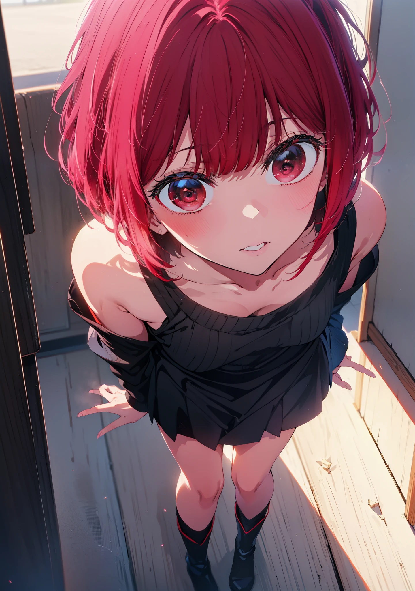 canary, Arima etc., short hair, bangs, (Red eyes:1.3), Redhead, Bobcut, smile,Open your mouth,One-shoulder sweater,mini skirt,Black knee socks,short boots,Glasses,Walking,Daytime,Clear skies,whole bodyがイラストに入るように,
break outdoors, Building district,
break looking at viewer, whole body,
break (masterpiece:1.2), Highest quality, High resolution, unity 8k wallpaper, (figure:0.8), (Beautiful attention to detail:1.6), Highly detailed face, Perfect lighting, Highly detailed CG, (Perfect hands, Perfect Anatomy),