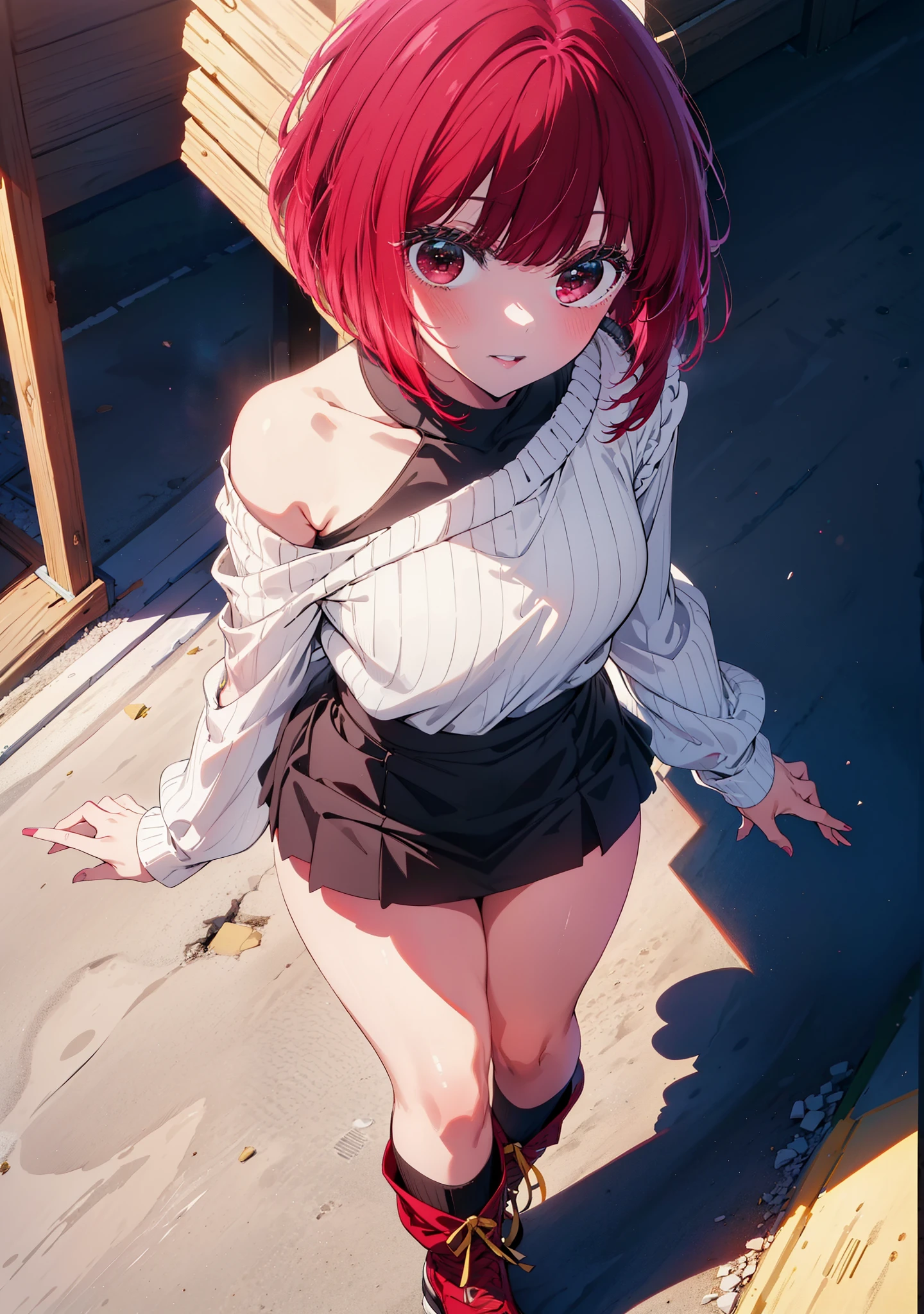 canary, Arima etc., short hair, bangs, (Red eyes:1.3), Redhead, Bobcut, smile,Open your mouth,One-shoulder sweater,mini skirt,Black knee socks,short boots,Glasses,Walking,Daytime,Clear skies,whole bodyがイラストに入るように,
break outdoors, Building district,
break looking at viewer, whole body,
break (masterpiece:1.2), Highest quality, High resolution, unity 8k wallpaper, (figure:0.8), (Beautiful attention to detail:1.6), Highly detailed face, Perfect lighting, Highly detailed CG, (Perfect hands, Perfect Anatomy),