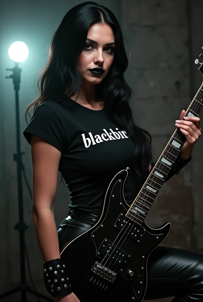 Black lipstick beautiful, full body, gothic, rocker, wearing a t-shirt with the text "Blackbird", leather boots, an electric guitar behind her, HD, super realistic, photography, Canon Rebel, nice pretty body, gothic outfit, rockstar feel, cleavage