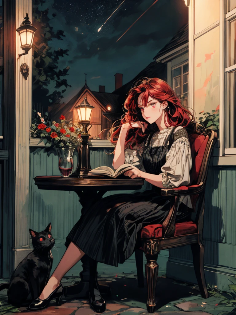 beautiful woman, (((full body))), ((background outdoor house)), (best quality), 1girl, solo A room with glass windows, curtains, a young woman with long black hair, red hair , White eyes with red pupils stare at the book., sitting on a chair, She is sitting and reading a book in front of the house., There are flowers, flower pots, a table, a wine glass, a wine bottle, a lamp, a black cat, Outside the window, there is a dark sky and stars.