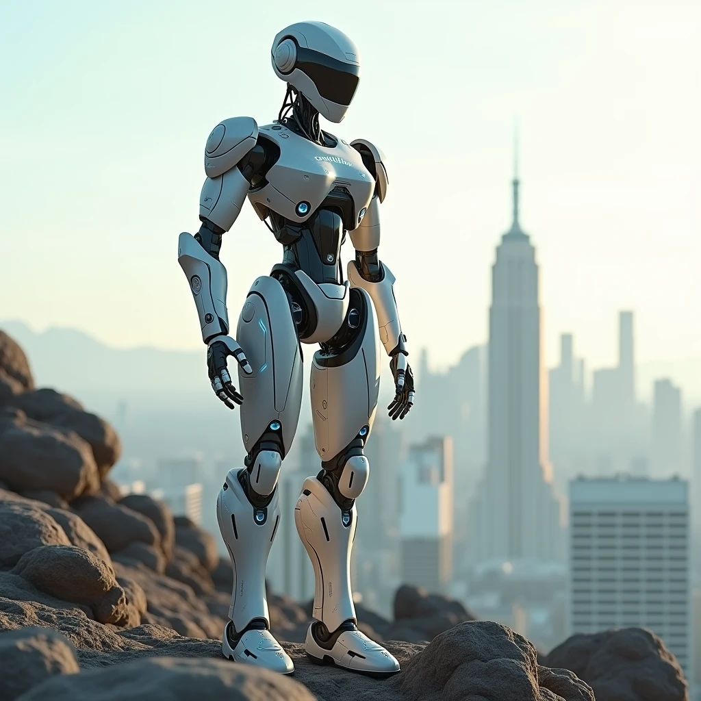 A 3D render of a robot with the text "CONSTELLATION" written on its body. The robot has a metallic, grey exterior and is standing on a rocky terrain. The background contains a distant city with tall buildings. The lighting is soft.